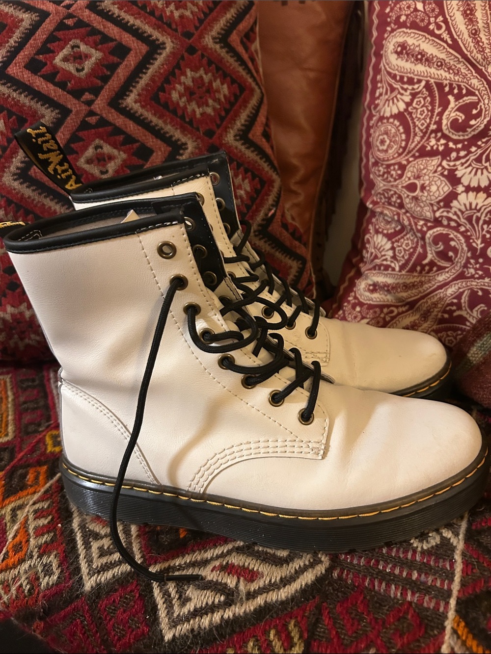 Dr. Martens White Leather Lace-Up Platform Combat Boots with Black Trim